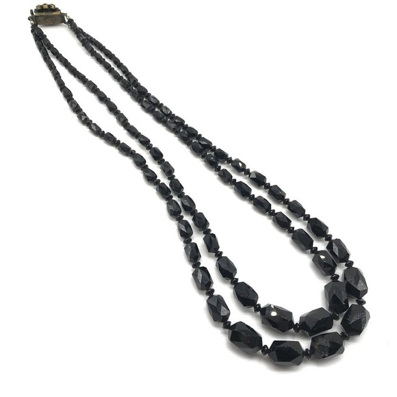 Antique Black Jet Faceted Glass Graduated Double Strand Flower Clasp Necklace - Picture 6 of 8